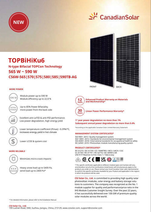 585W/715W Bifacial Solar Panel CANADIAN SOLAR CS6W-585TB-AG