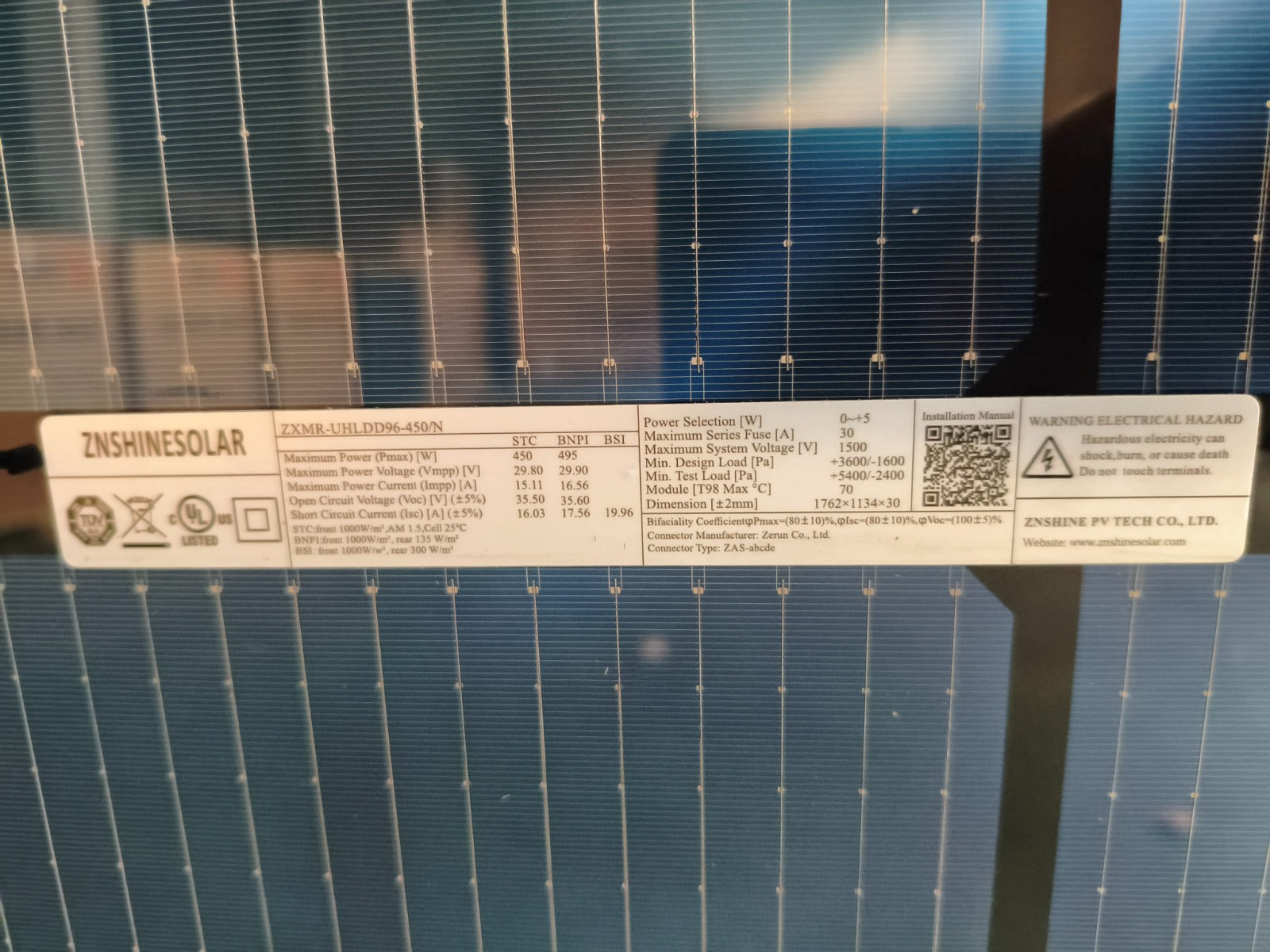 450W/550W Bifacial Solar panel ZNSHINE ZXMR-UHLDD96-450/N