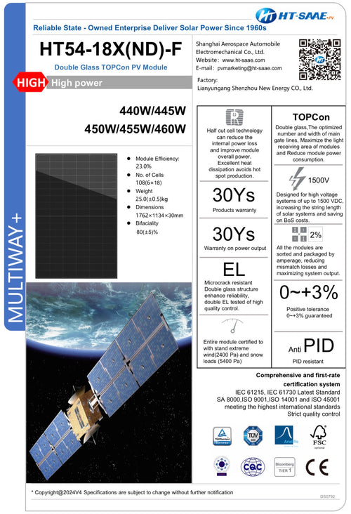 455W/555W Bifacial Solar Panel HT-SAAE HT54-18X(ND)-F-445