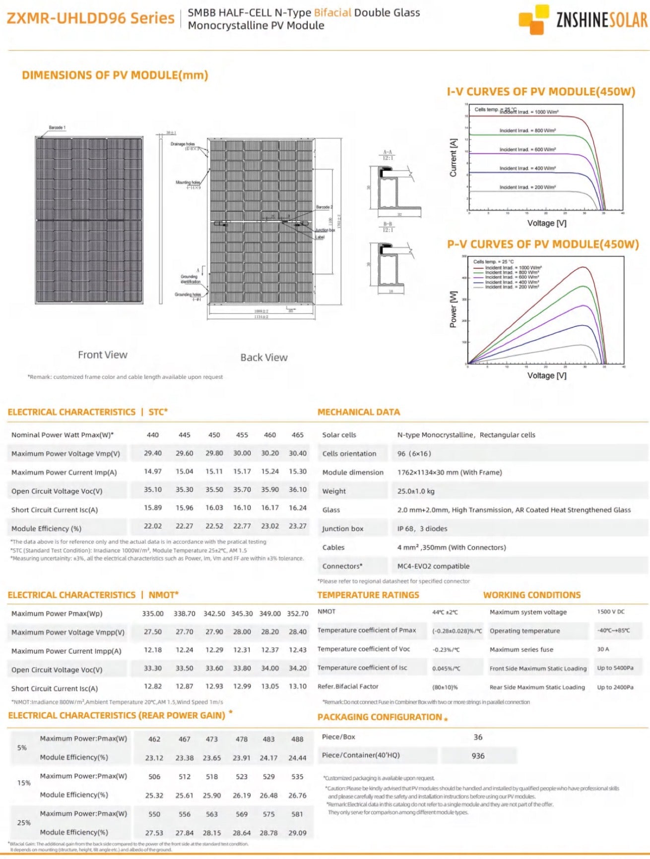 450W/550W Bifacial Solar panel ZNSHINE ZXMR-UHLDD96-450/N