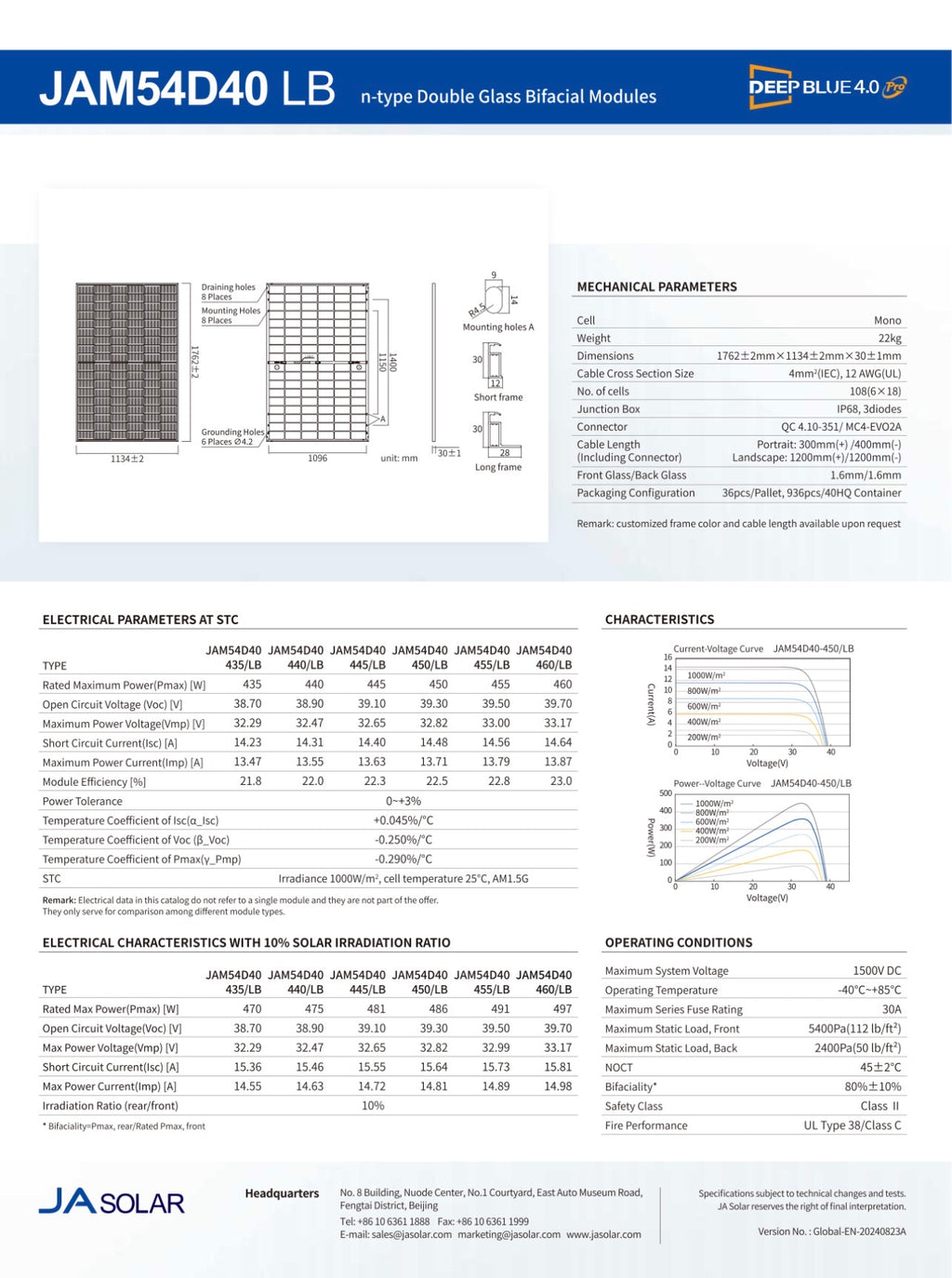 455W/555W Bifacial Solar Panel JA SOLAR JAM54D40-455/LB