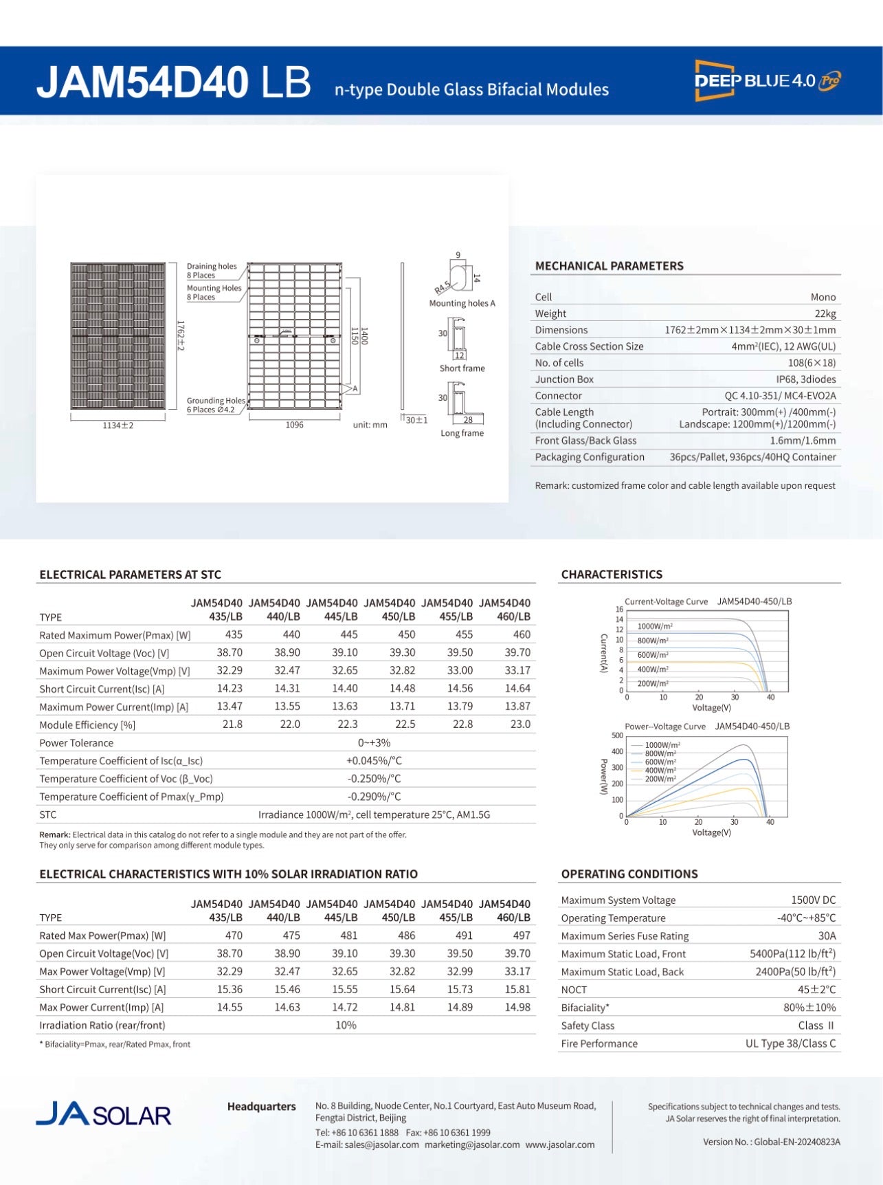 455W/555W Bifacial Solar Panel JA SOLAR JAM54D40-455/LB